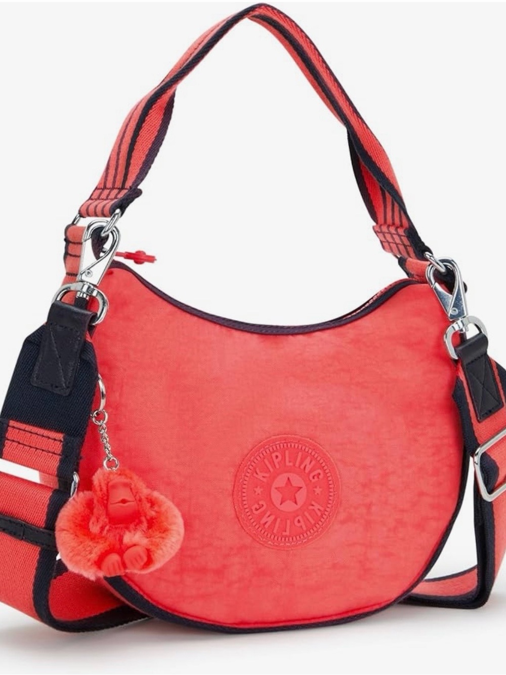 Kipling Bright Red Nylon Mini Shoulder Bag with Striped Strap and Pom